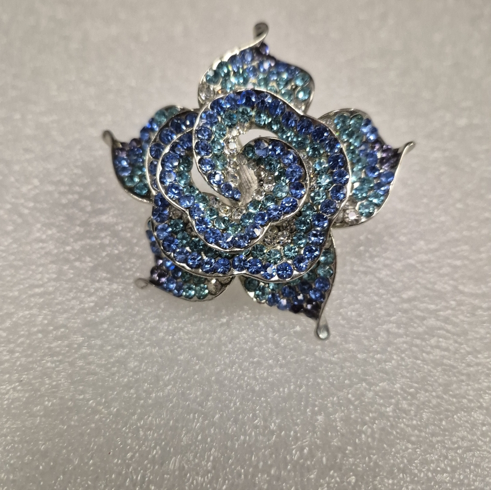 Blue Rhinestone Rose Ring Adjustable Silvertone F… - image 1